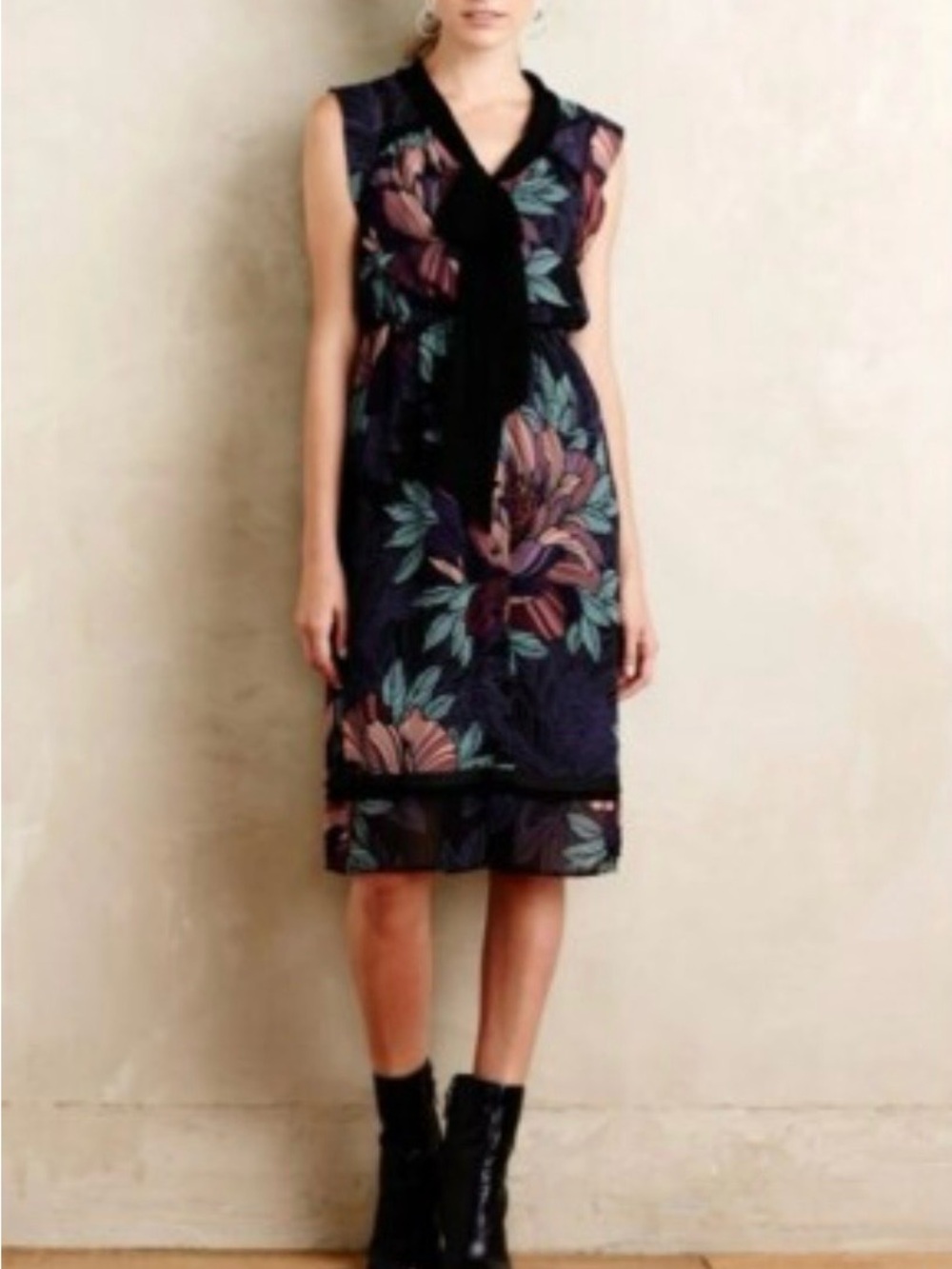 Anthropologie Maeve Brelin floral midi dress sleeveless chiffon black boho sz S